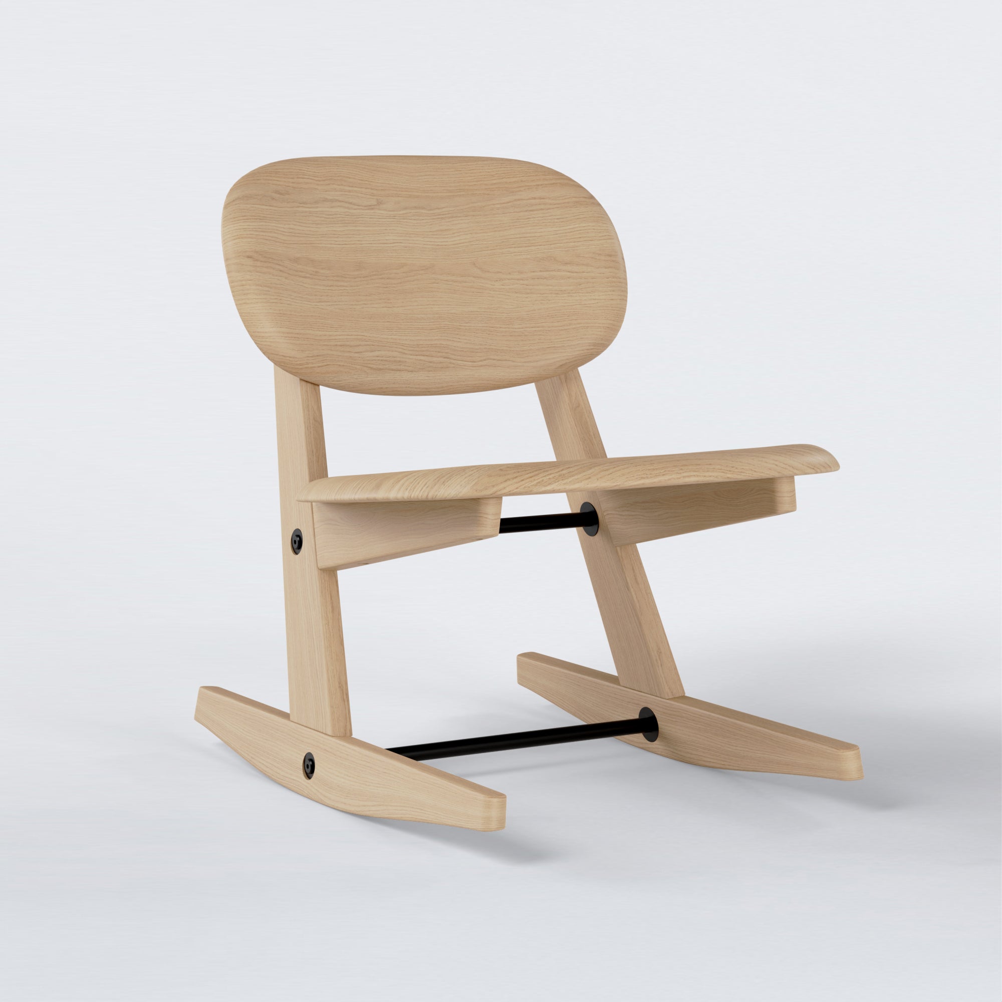 KufenKarl Rocking Chair KD in natural oak – angled side view, illustrating the balance between modern design and traditional craftsmanship.