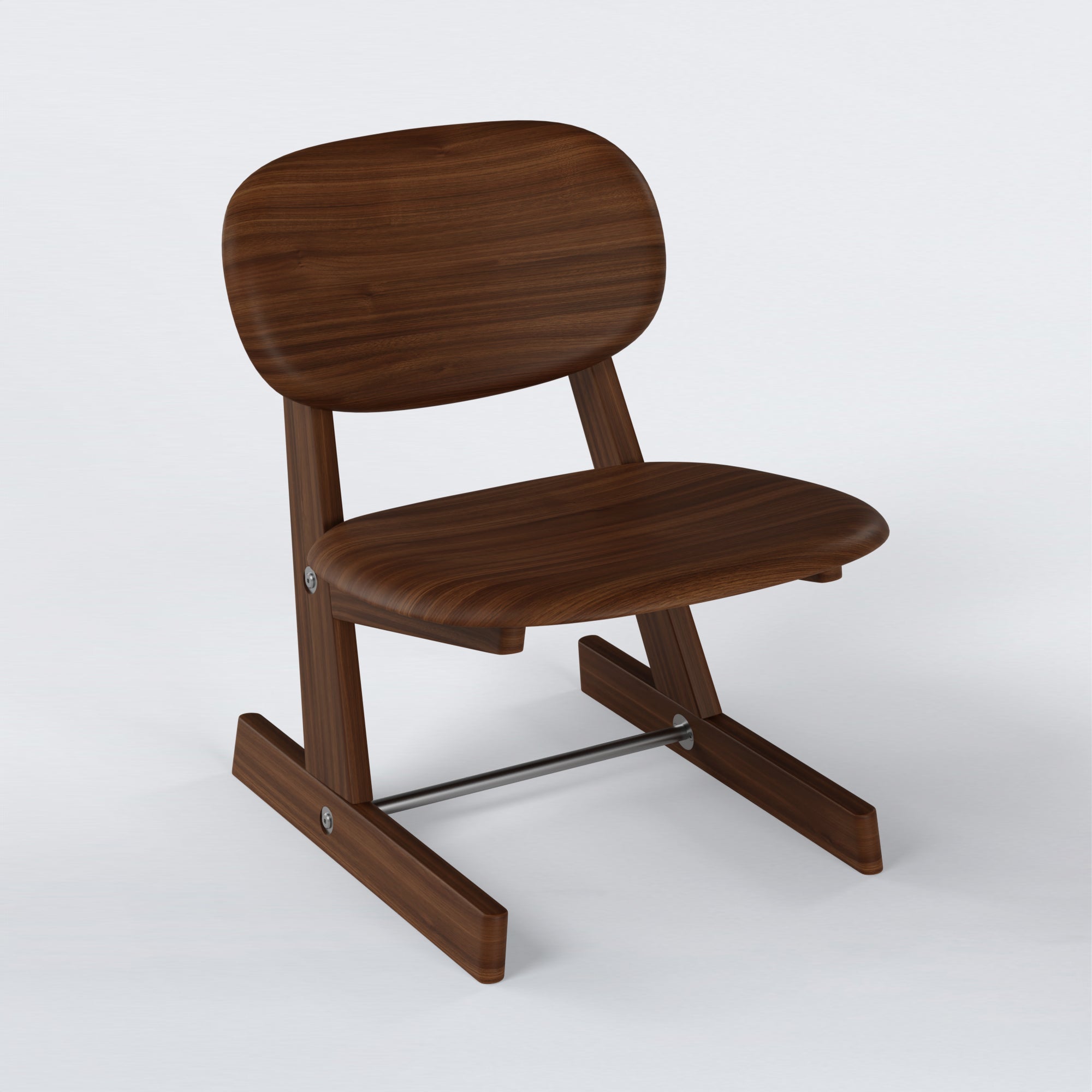 Three-quarter view of the KufenKarl Lounge Chair KD in walnut with stainless steel (walnut dark, Collect.Studio) – showcasing its ergonomic and sleek design.