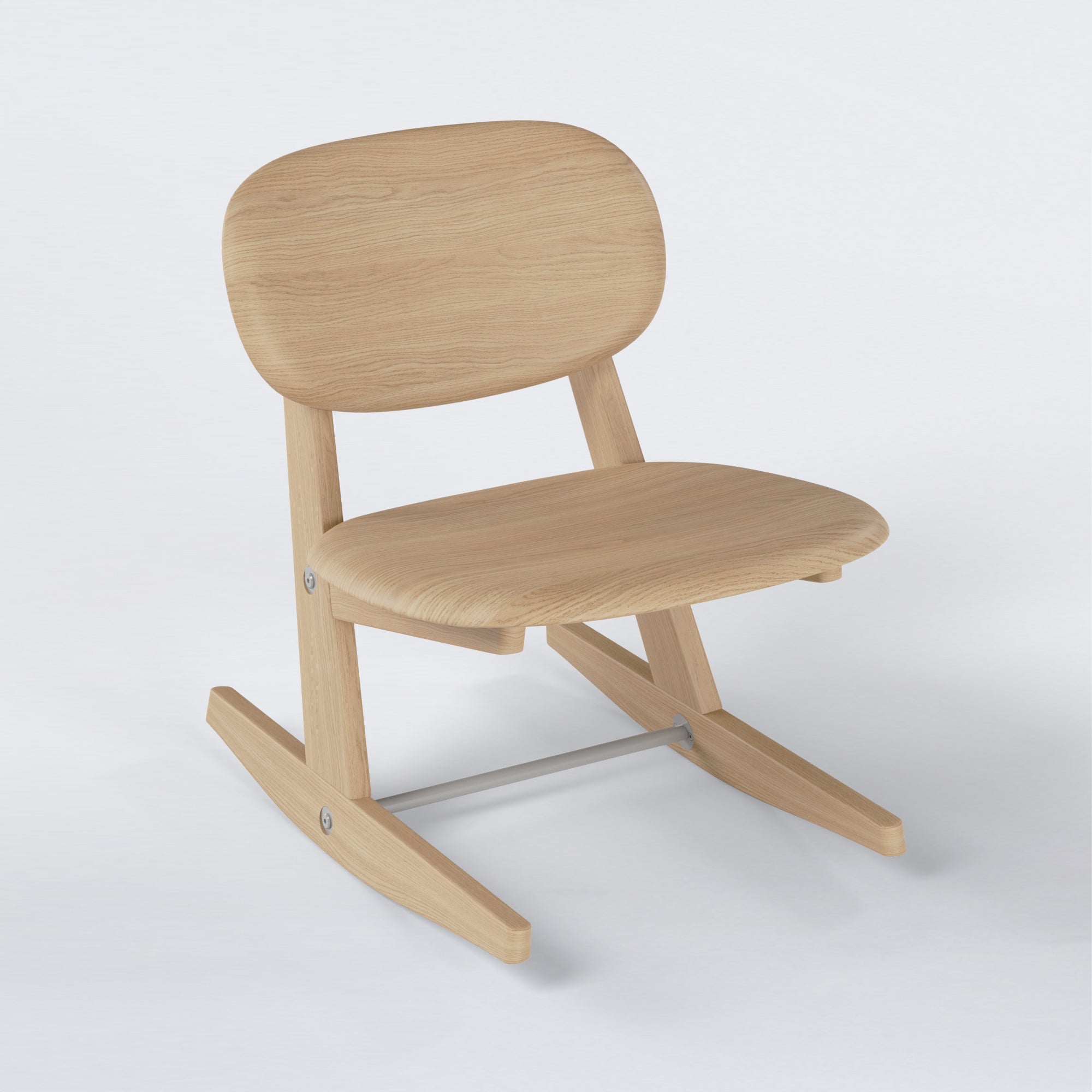 KufenKarl Rocking Chair KD in natural oak/off-white grey – three-quarter view, showcasing its timeless silhouette and smooth rocking motion.