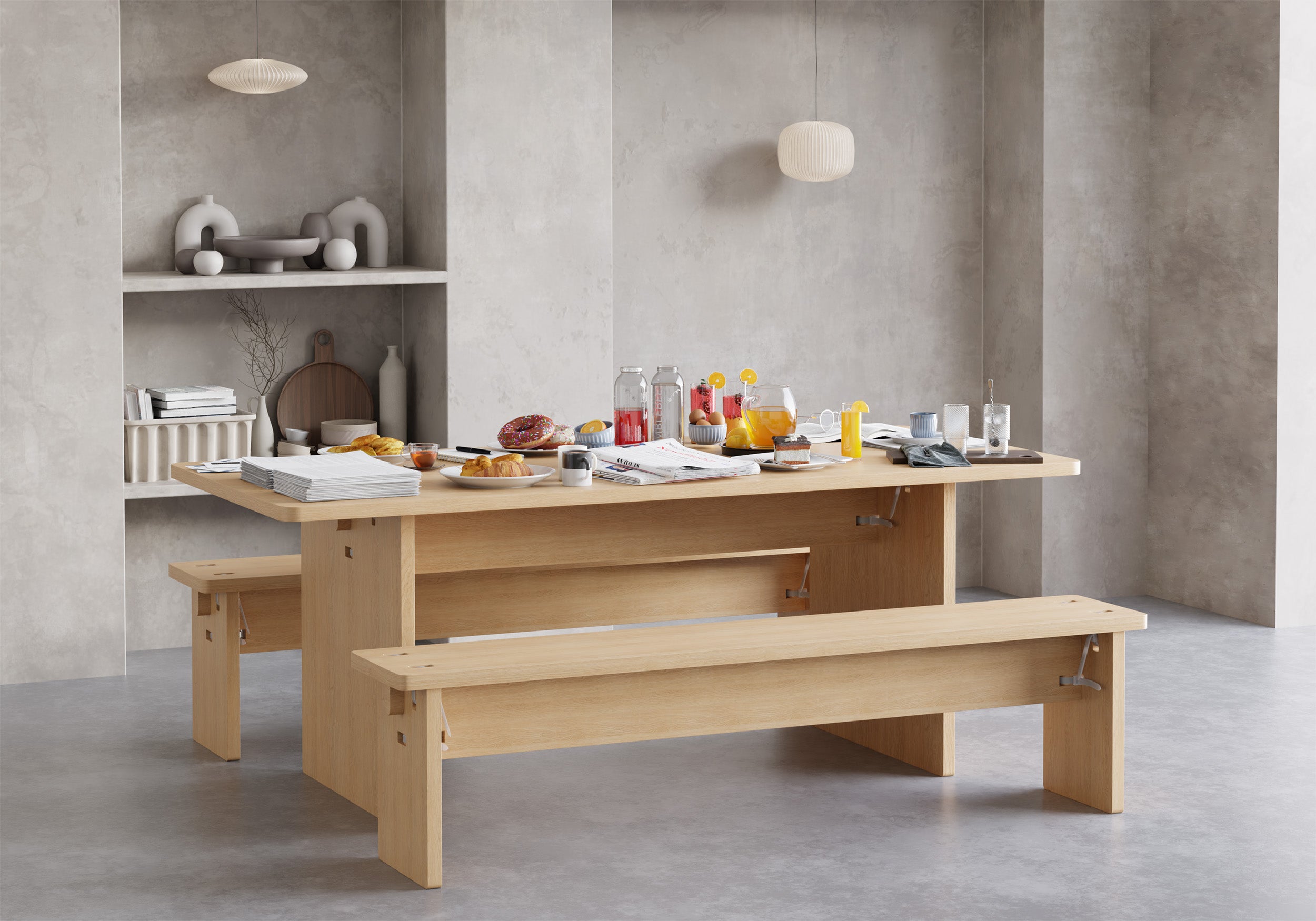 BO Collection table and bench set styled for dining, showcasing its flat-pack design and sturdy cable-tie assembly method